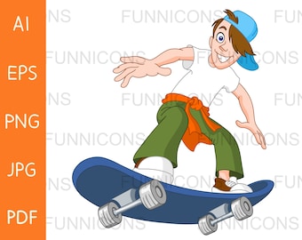Clipart cartoon van een skateboard jongen, ai eps png jpg en pdf-bestanden inbegrepen, digitale bestanden instant download.