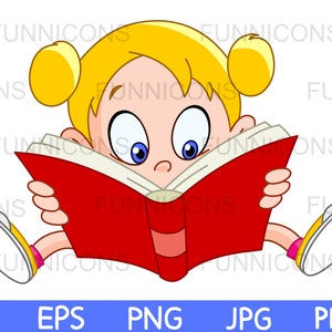 Back to school clipart cartoon of a young girl reading a book, education illustration, ai eps png jpg and pdf files, digital files download.