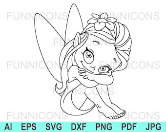 Outlined little fairy,  digital stamp for scrapbooking, coloring page, card making. ai eps svg dxf png pdf jpg files included