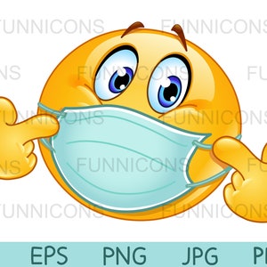 Clipart masque, émoticône avec masque médical pointant sur lui-même dessin animé, fichiers ai eps png jpg et pdf inclus, téléchargement immédiat des fichiers numériques.