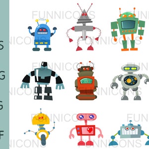 Clipart bundle of retro robots, ai eps png pdf and jpg files included, digital files instant download.