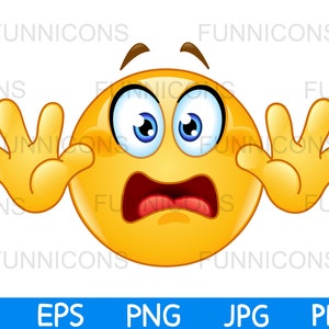 Clipart przedstawiający emotikonkę paniki z uniesionymi rękami, nie strzelaj, poddaj się, zatrzymaj rękę, pliki ai eps png jpg pdf, pliki cyfrowe do pobrania.