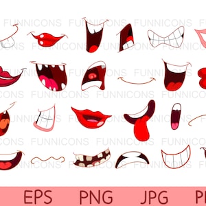 Gran paquete de imágenes prediseñadas de bocas de dibujos animados, ai eps png jpg y archivos pdf incluidos, archivos digitales descarga instantánea.