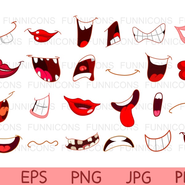 Big clipart bundle of cartoon mouths,  ai eps png jpg and pdf files included, digital files instant download.