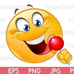 Clipart przedstawiający wesołą emotikonkę liżącą czerwonego lizaka, dołączone pliki ai eps png jpg i pdf, możliwość natychmiastowego pobrania plików cyfrowych.