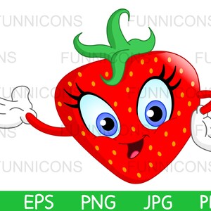 Cartone animato Clipart di un simpatico personaggio fragola che presenta con la mano, ai eps png jpg e file pdf inclusi, download di file digitali.