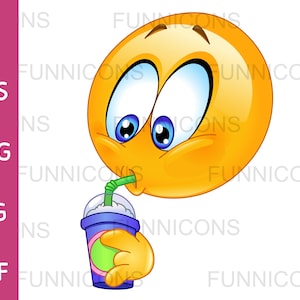 Clipart przedstawiający emotikonkę pijącą napój gazowany lub mrożony, dołączone pliki ai eps png jpg i pdf, możliwość pobrania plików cyfrowych.