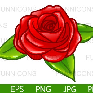 Imágenes prediseñadas del Día de San Valentín de una rosa roja brillante con hojas verdes, ai eps png jpg y archivos pdf incluidos, archivos digitales de descarga instantánea.