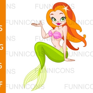Clipart cartoon of a beautiful red haired mermaid presenting, ai eps png jpg and pdf files included, digital files instant download.