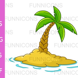 Clipart przedstawiający bezludną wyspę z palmą, ilustracja wakacji letnich, pliki ai eps png jpg pdf, pliki cyfrowe do pobrania.