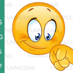 Clipart przedstawiający uśmiechniętą emotikonkę wskazującą palcem w dół, dołączone pliki ai eps png jpg i pdf, możliwość pobrania plików cyfrowych.