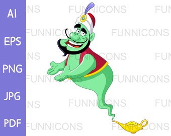 Dibujos animados clipart de un genio verde feliz que sale de una lámpara mágica, ai eps png jpg y archivos pdf incluidos, archivos digitales de descarga instantánea.