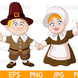 Dibujos animados clipart de Acción de Gracias de la feliz pareja de peregrinos saludando, ai eps png jpg y archivos pdf incluidos, archivos digitales de descarga instantánea.