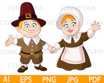 May include: A cartoon illustration of a pilgrim couple dressed in traditional clothing. The man is wearing a brown hat and a brown and tan outfit. The woman is wearing a white bonnet and a brown dress with a white apron. They are both smiling and holding hands.