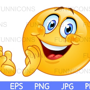 Clipart przedstawiający radosną emotikonkę klaszczącą, klaszczącą i uśmiechającą się, dołączone pliki ai eps png jpg i pdf, możliwość pobrania plików cyfrowych.