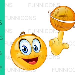 Clipart przedstawiający emotikonkę kręcącą piłką do koszykówki na palcu, pliki ai eps png jpg i pdf, możliwość pobrania plików cyfrowych.