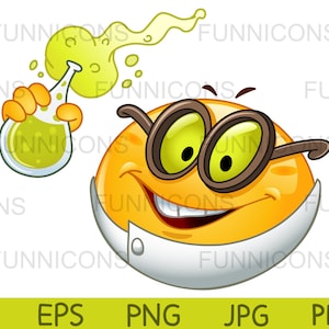 Clipart Cartoon Wissenschaftler Emoticon mit einer Flasche, ai eps png jpg und pdf-Dateien enthalten, digitale Dateien sofortiger Download.