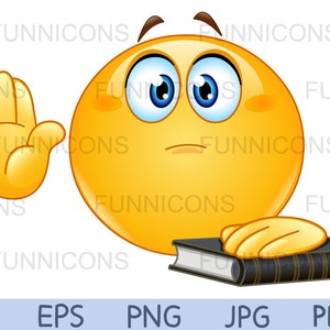 Clipart przedstawiający emotikon składający przysięgę lub przysięgę na świętą księgę, pliki ai eps png jpg i pdf, pliki cyfrowe do natychmiastowego pobrania.