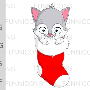 Julclipart-tecknad film av en leende kattunge katt inuti en julstrumpa, ai eps png jpg och pdf-filer, digitala filer för nedladdning.