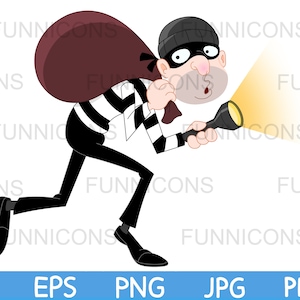 Desenho animado Clipart de um ladrão ladrão na ponta dos pés com uma bolsa apontando uma lanterna, arquivos ai eps png jpg e pdf, download de arquivos digitais.