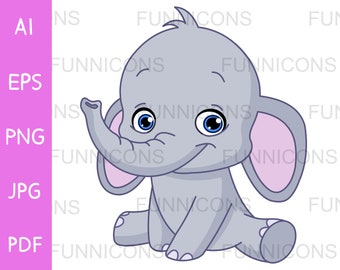 Clipart cartoon of a cute baby elephant sitting, animal illustration, ai eps png jpg and pdf files included, digital files instant download.