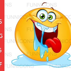 Clipart przedstawiający radosną, śliniącą się emotikonkę, dołączone pliki ai eps png jpg i pdf, możliwość natychmiastowego pobrania plików cyfrowych.