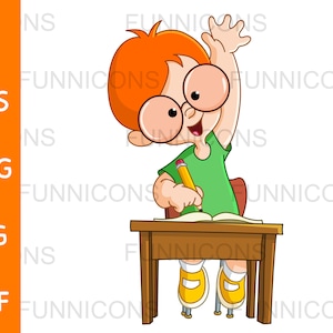 Dibujos animados de imágenes prediseñadas de un escolar pelirrojo inteligente levantando la mano en su escritorio, archivos ai eps png jpg pdf incluidos, descarga de archivos digitales.