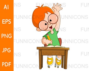 Clipart-Cartoon eines intelligenten rothaarigen Schuljungen, der seine Hand an seinem Schreibtisch anhebt, ai eps png jpg pdf Dateien enthalten, digitale Akten downloaden.