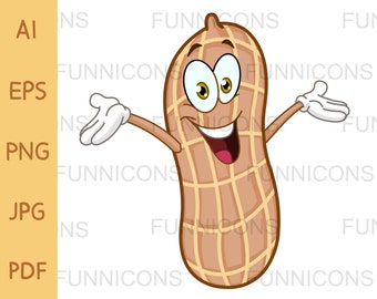 Clipart Cartoon einer glücklichen Erdnuss hebt seine Arme, ai eps png jpg und pdf-Dateien enthalten, digitale Dateien sofortigen Download.