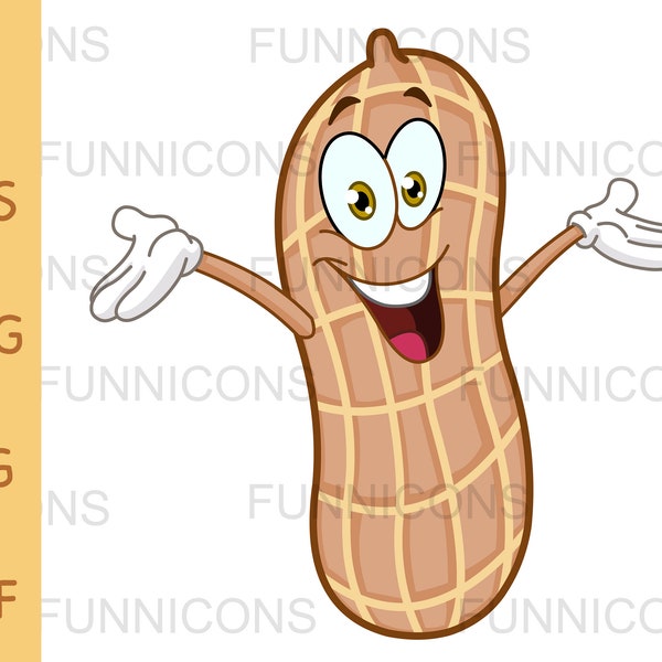 Clipart cartoon of a happy peanut raising his arms, ai eps png jpg and pdf files included, digital files instant download.