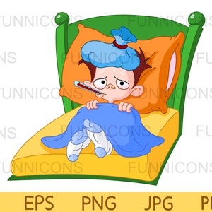 Dibujos animados clipart, niño enfermo con fiebre en la cama con termómetro y bolsa de hielo, ai eps png jpg y archivos pdf incluidos, descarga de archivos digitales.
