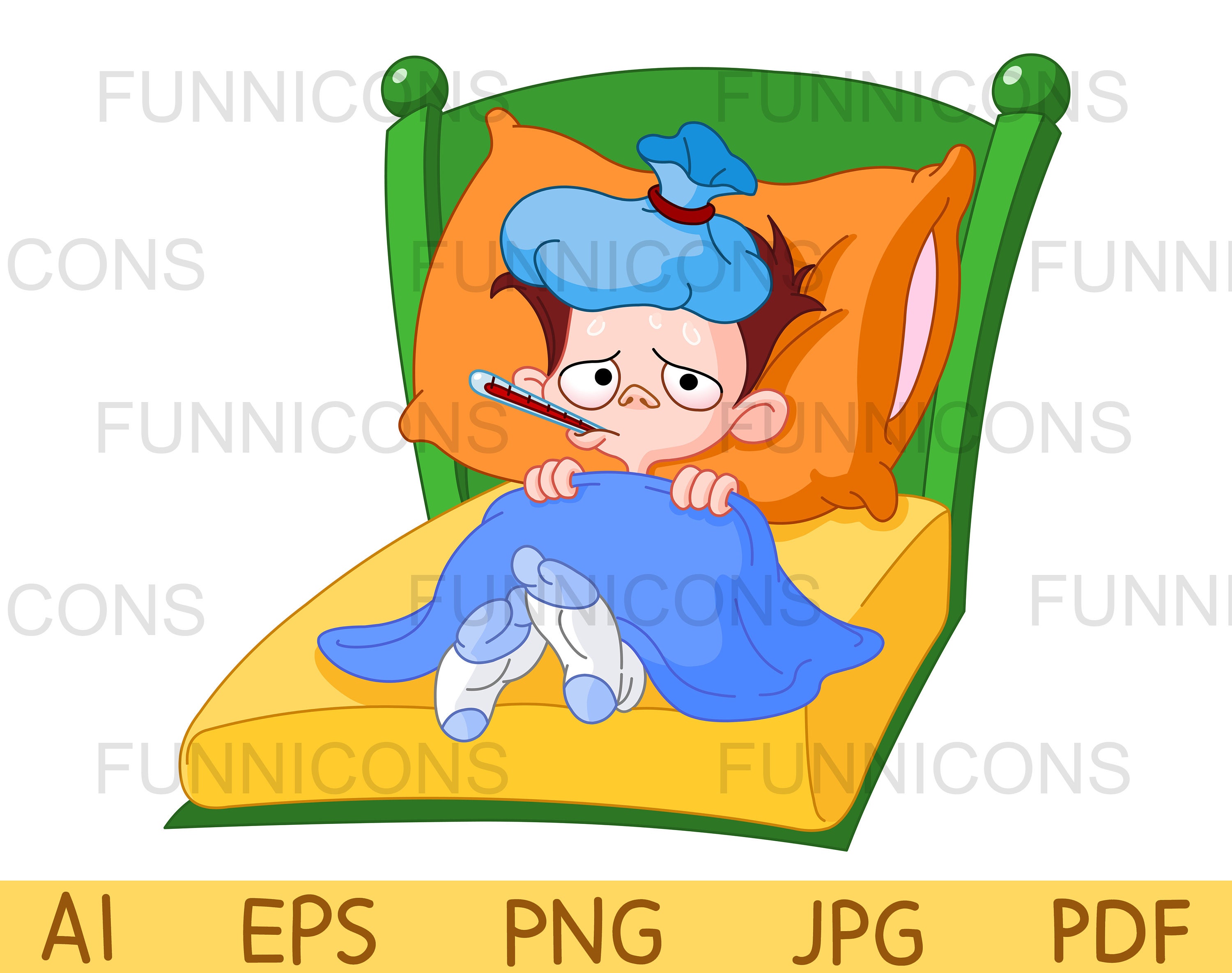Clipart Cartoon, Sick Boy With Fever in Bed With Thermometer and Ice Bag,  Ai Eps Png Jpg and Pdf Files Included, Digital Files Download. - Etsy Sweden