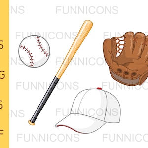 Clipart of baseball elements - ball, bat, cap-hat and glove-mitt, ai eps png jpg and pdf files included, digital files instant download.