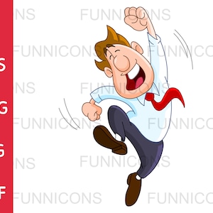 Clipart cartoon of a happy business man jumping with one arm in the air, ai eps png jpg and pdf files included, digital files download.