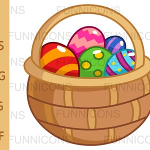 Easter clipart cartoon of a basket filled with colorful eggs, ai eps png jpg and pdf files included, digital files instant download.
