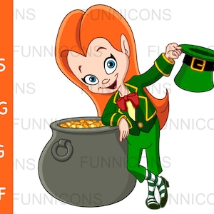St Patrick’s Day Clipart cartoon of a leprechaun girl with hat and pot of gold, ai eps png jpg and pdf files, digital files download.