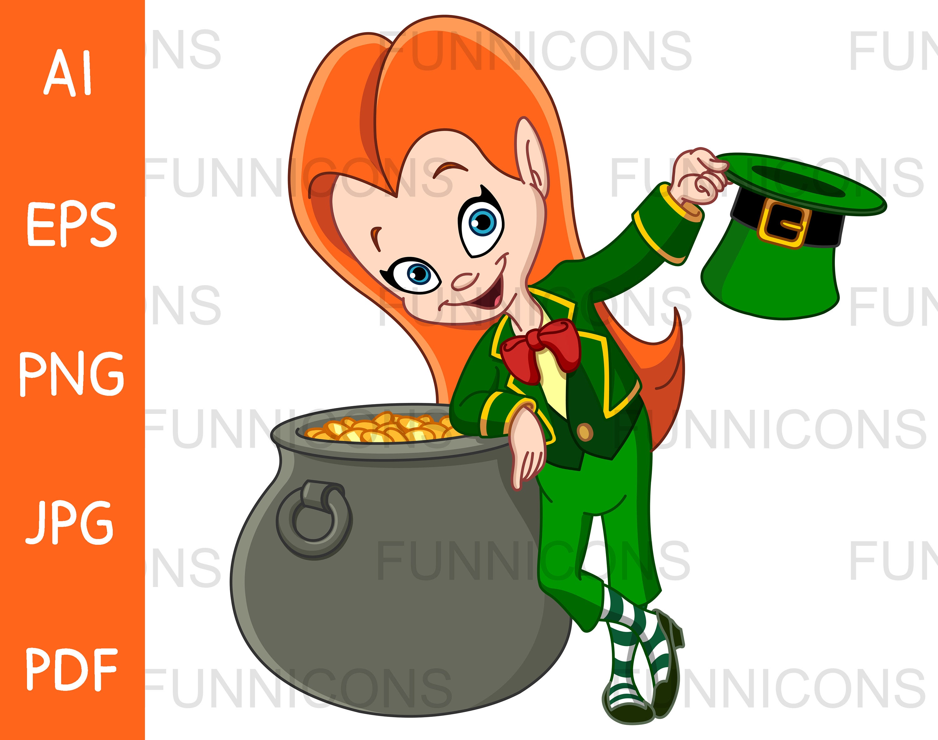 St Patrick s Day Clipart cartoon of a leprechaun girl with hat and pot of gold ai eps png jpg and pdf files digital files download