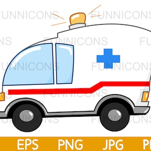Dibujos animados prediseñados de una ambulancia, ilustración de transporte, ai eps png jpg y archivos pdf incluidos, archivos digitales de descarga instantánea.