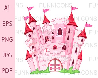 Clipart d’un château rose, ai eps png jpg et fichiers pdf inclus, fichiers numériques téléchargement instantané.