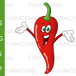 Clipart cartoon of a happy red chili pepper, vegetable illustration, ai eps png jpg and pdf files included, digital files instant download.