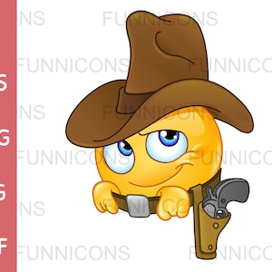 Cartoon clipart di un cowboy con emoticon sorridente, file ai eps png jpg e pdf inclusi, download immediato di file digitali.