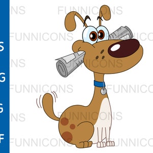 Clipart cartoon of a happy dog fetching a newspaper and wagging tail, animal illustration, ai eps png jpg pdf files, digital files download.