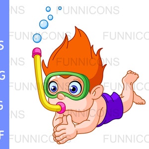 Clipart przedstawiający chłopca nurkującego z rurką, dołączone pliki ai eps png jpg i pdf, możliwość natychmiastowego pobrania plików cyfrowych.