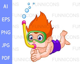 Clipart cartoon of a snorkel boy diving, ai eps png jpg and pdf files included, digital files instant download.
