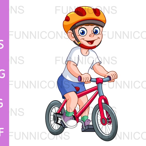 Clipart cartoon of a happy boy kid wearing a helmet and riding a bicycle bike , ai eps png jpg and pdf files included, digital download.