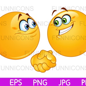 Clipart przedstawiający dwie emotikony ściskające dłonie, dołączone pliki ai eps png jpg i pdf, możliwość natychmiastowego pobrania plików cyfrowych.