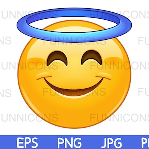 Clipart przedstawiający uśmiechniętą emotikonkę z aureolą anioła, dołączone pliki ai eps png jpg i pdf, możliwość natychmiastowego pobrania plików cyfrowych.