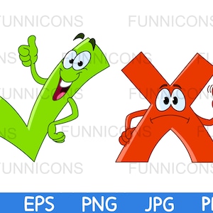 Clipart dessin animé d’un tick check et croix x mark caractères, ai eps png jpg et pdf fichiers inclus, fichiers numériques téléchargement instantané.