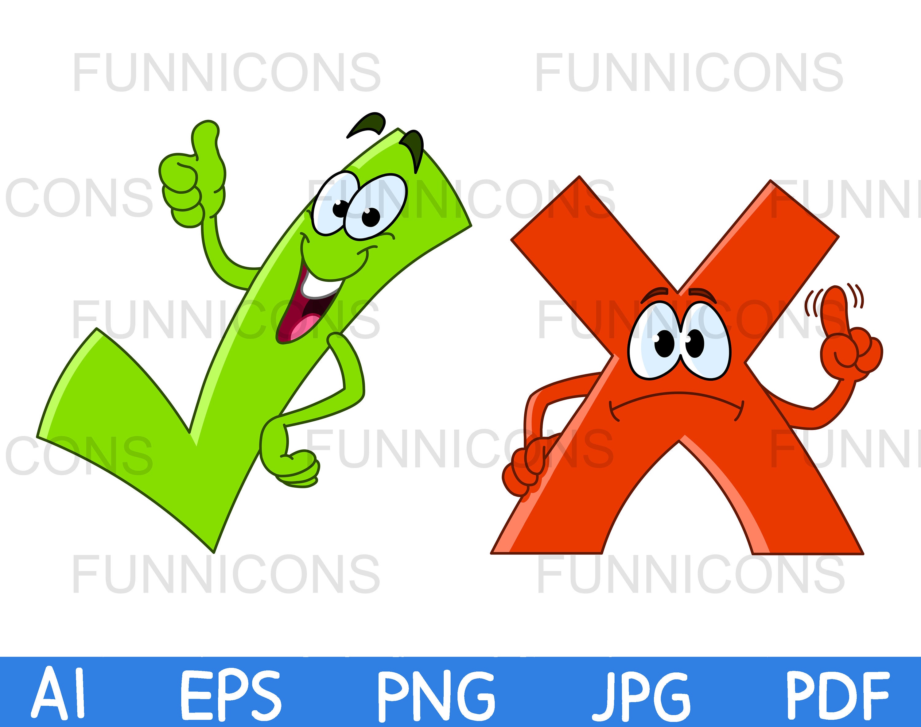 Clipart cartoon of a tick check and cross x mark characters -  Portugal