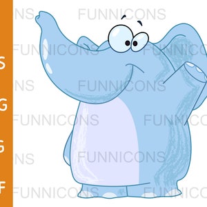 Clipart cartoon of a smiling blue elephant waving, animal illustration, ai eps png jpg and pdf files included, digital files download.
